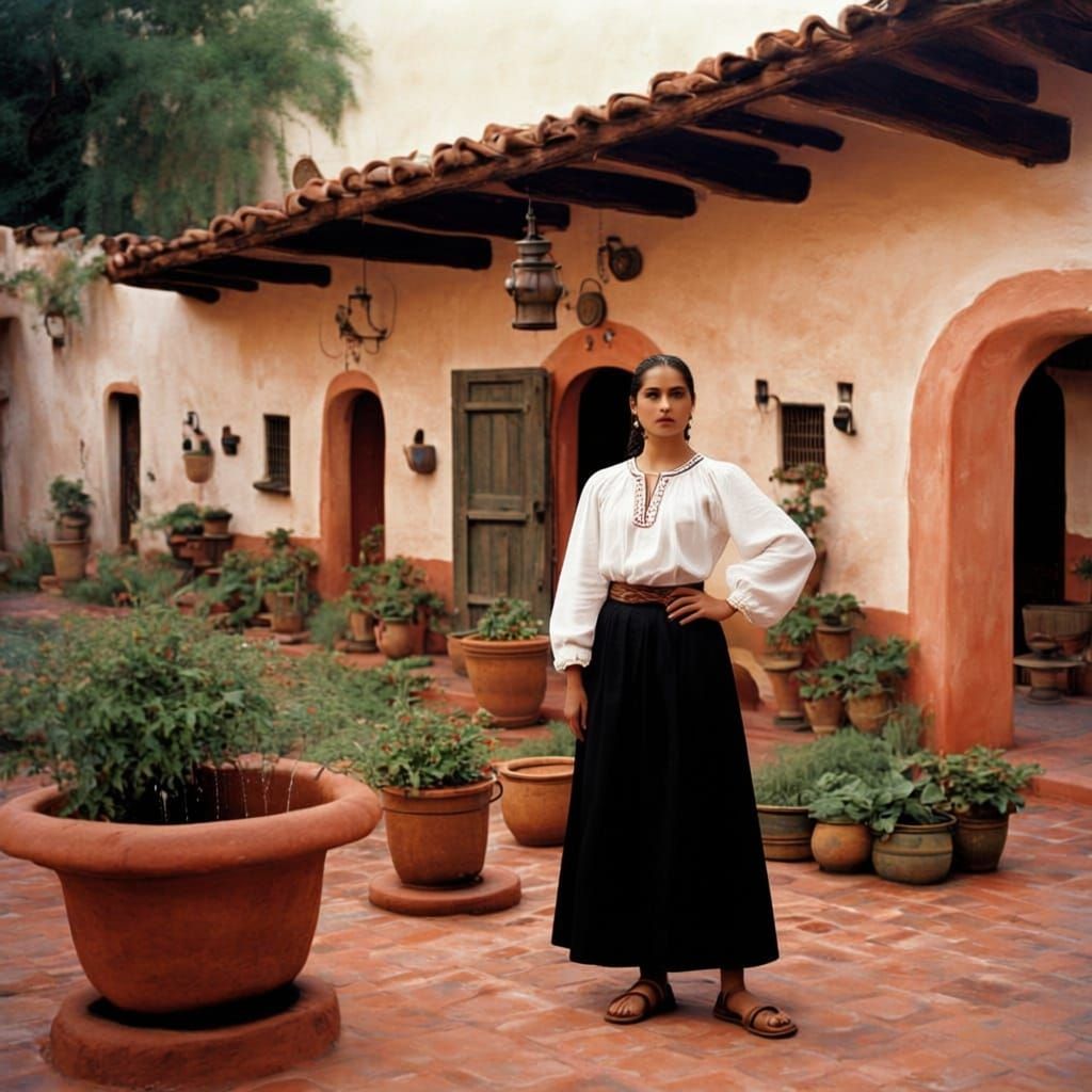 Mexican Woman in Spanish Colonial Patio with Fountain