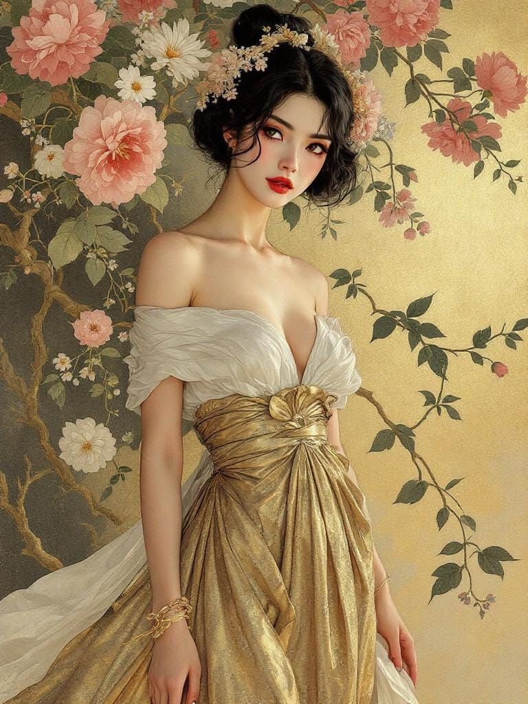 Ukiyo-e Style Woman in Gold Dress