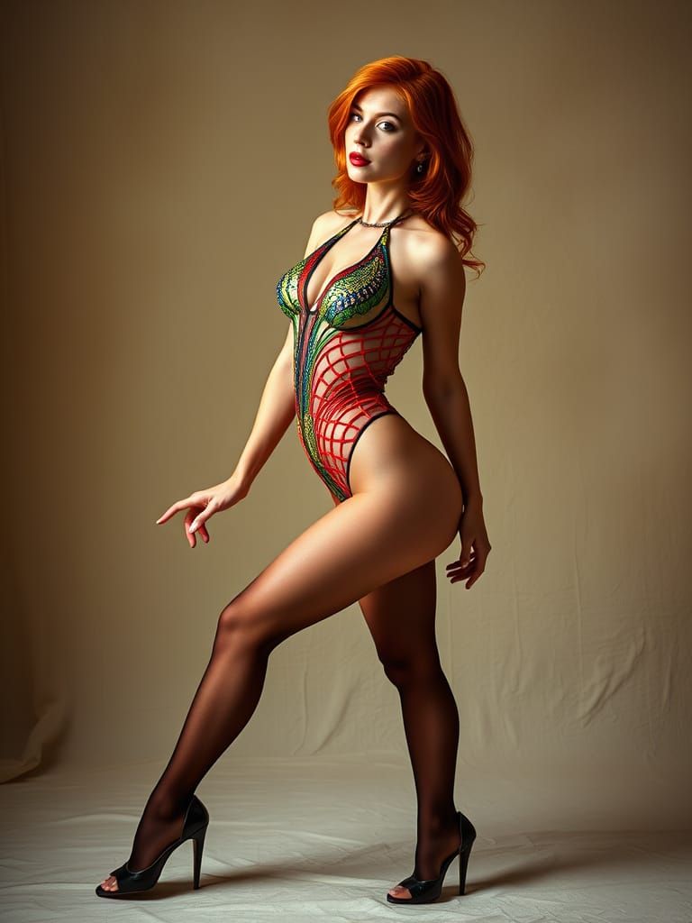 Sultry Redhead Goddess in Opulent Satin Bodysuit