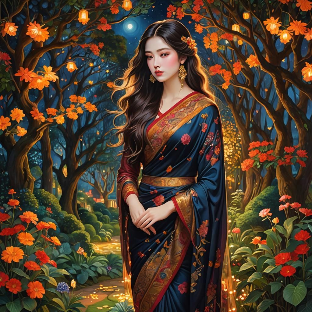 Elegant Woman in Saree: Klimt-Inspired Digital Art