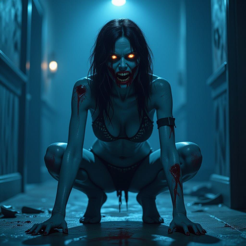 Blue Zombie in Eerie Room, Cinematic Dark Art