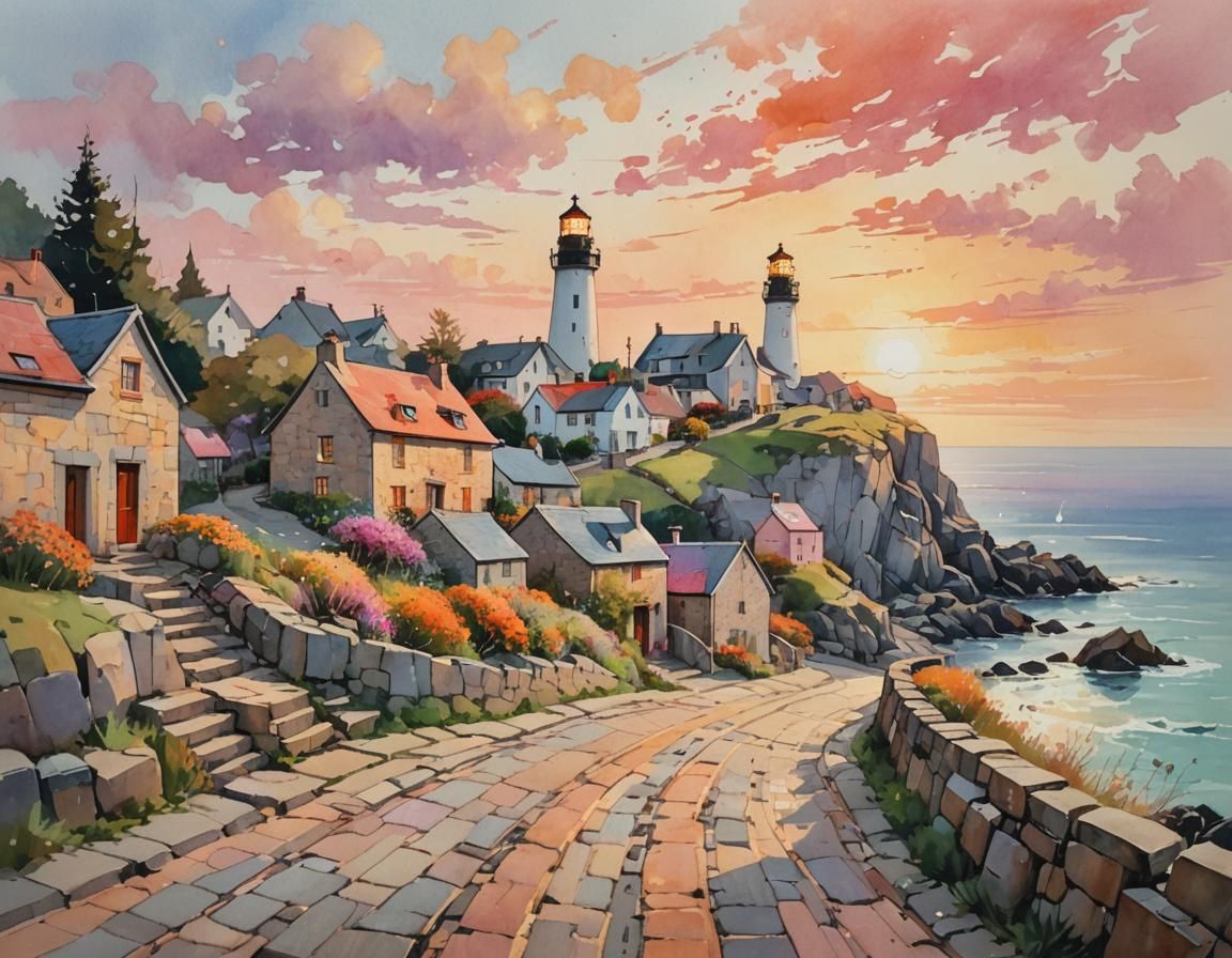 Coastal Village Sunset in Impressionist Style