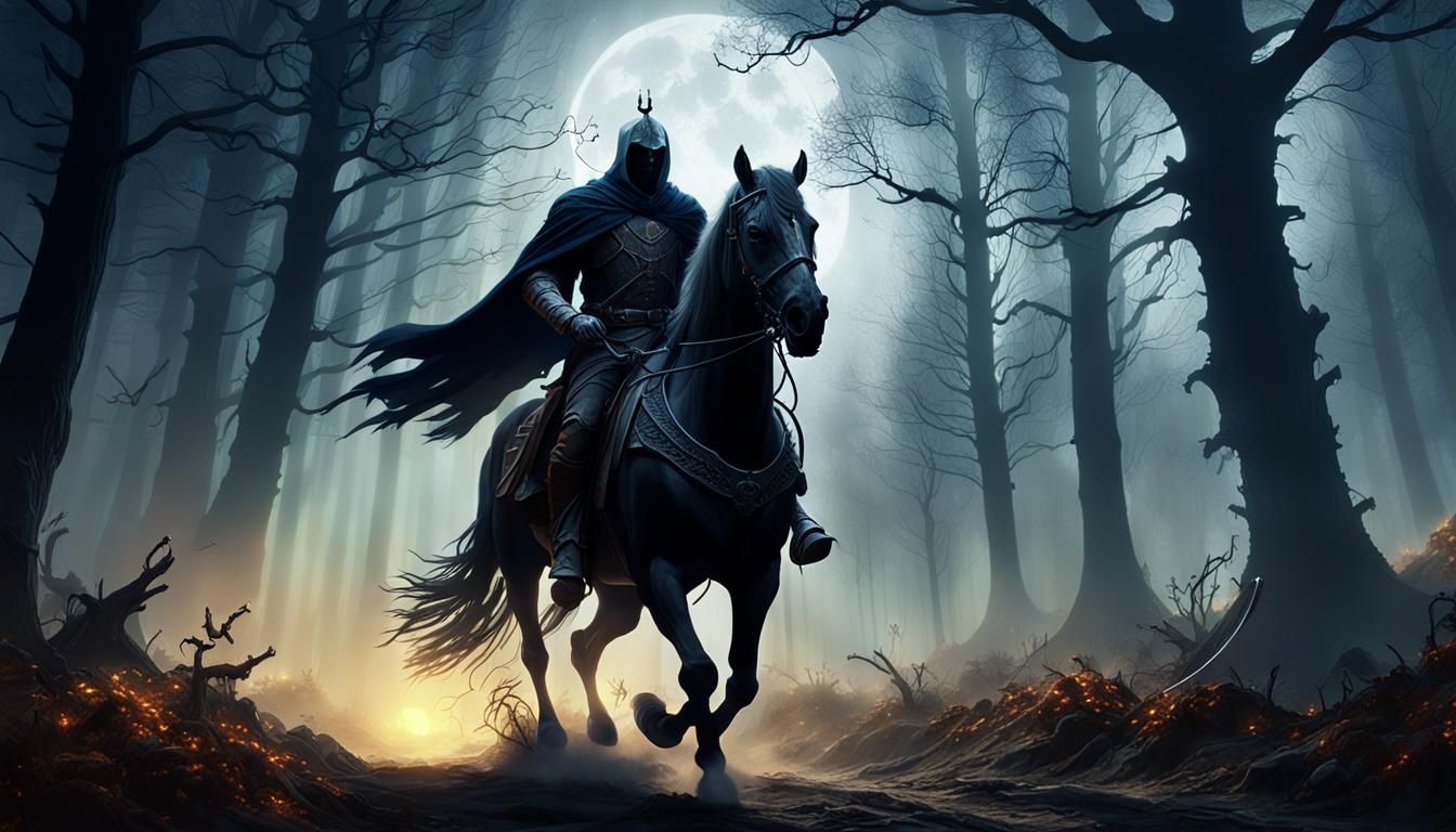 Headless Horseman Rides Through Misty Forest