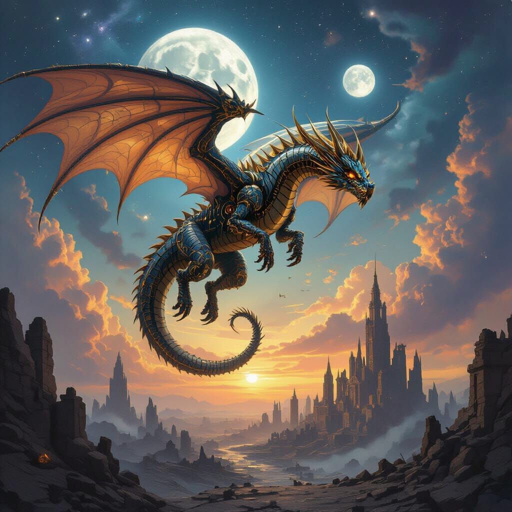 Clockwork Dragon Soars Through Cosmic Sky Above Ruined City