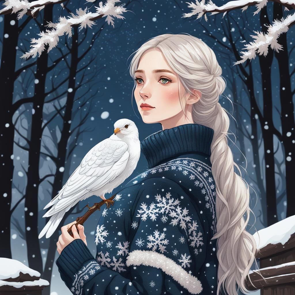 Gentle Girl with Hawk in Snowy Art Nouveau Style