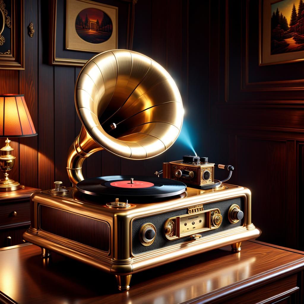Vintage Tuba Record Player in Detailed Digital Art