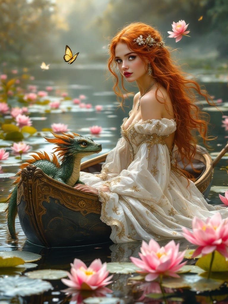 Medieval Beauty Sits with Dragon on Sparkling Lake