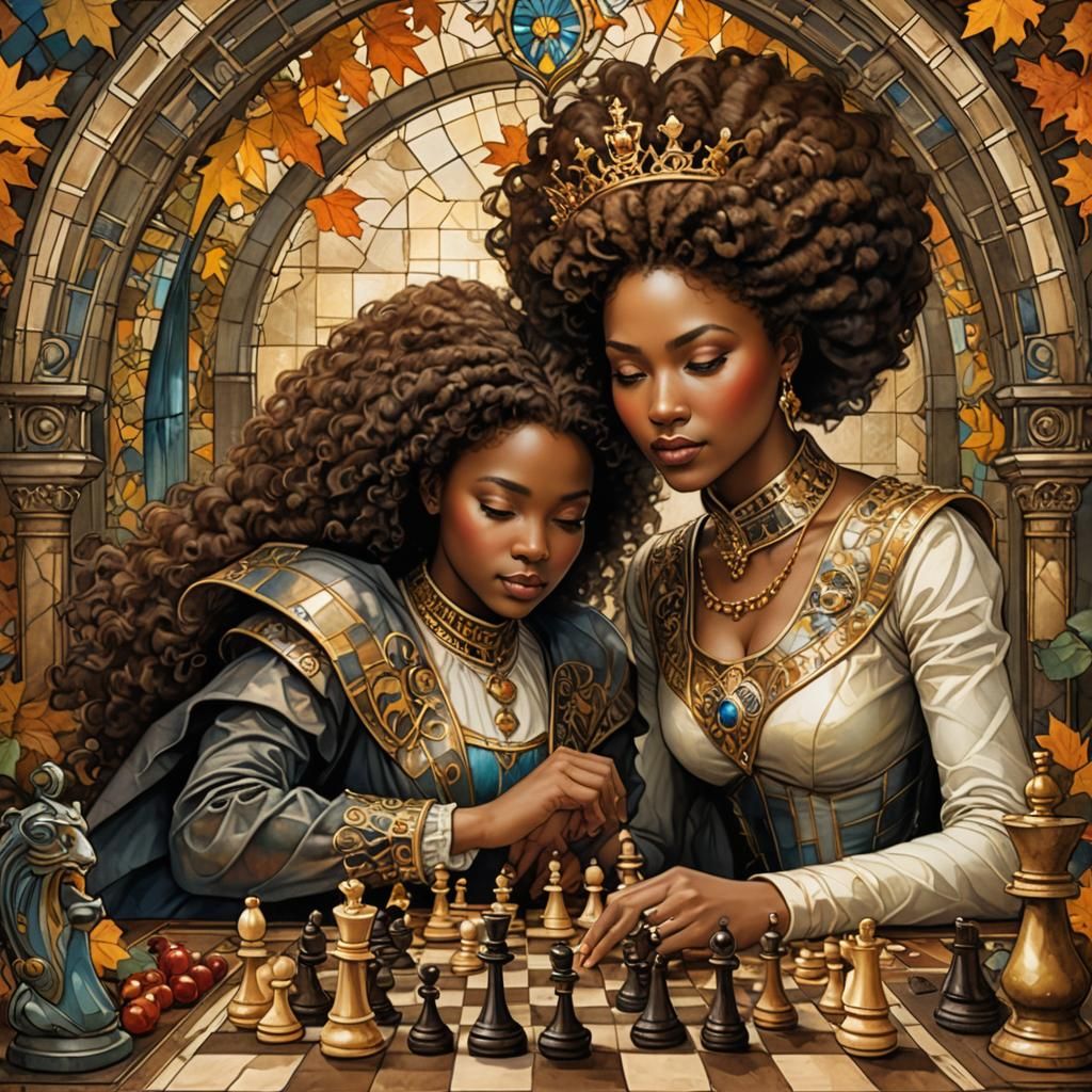 Loving Queen and Daughter Play Chess: Watercolor Art