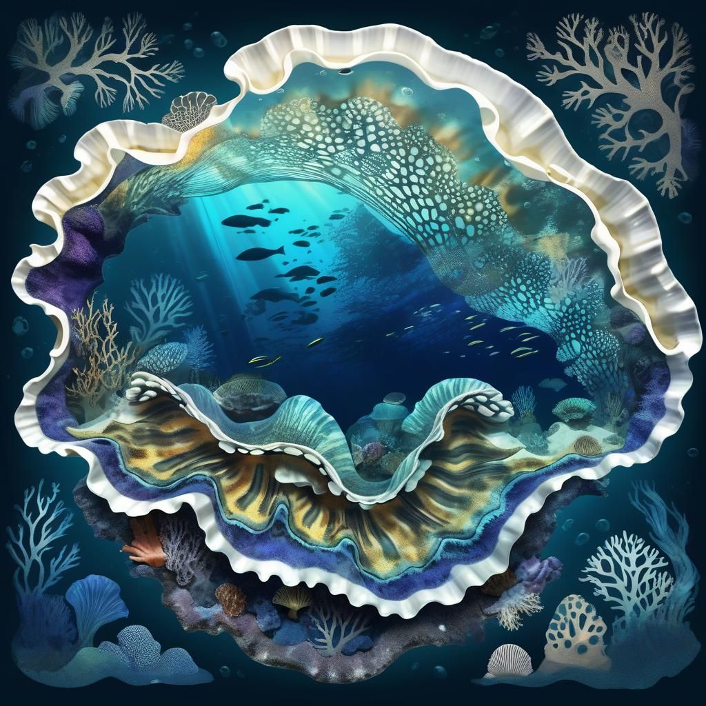 Marine Life Double Exposure Inside Giant Clam