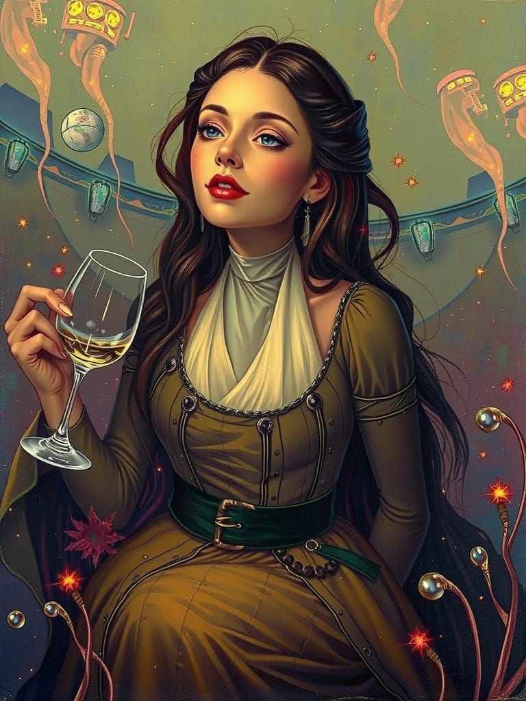 Woman Sipping Wine in Space: A Detailed Painting