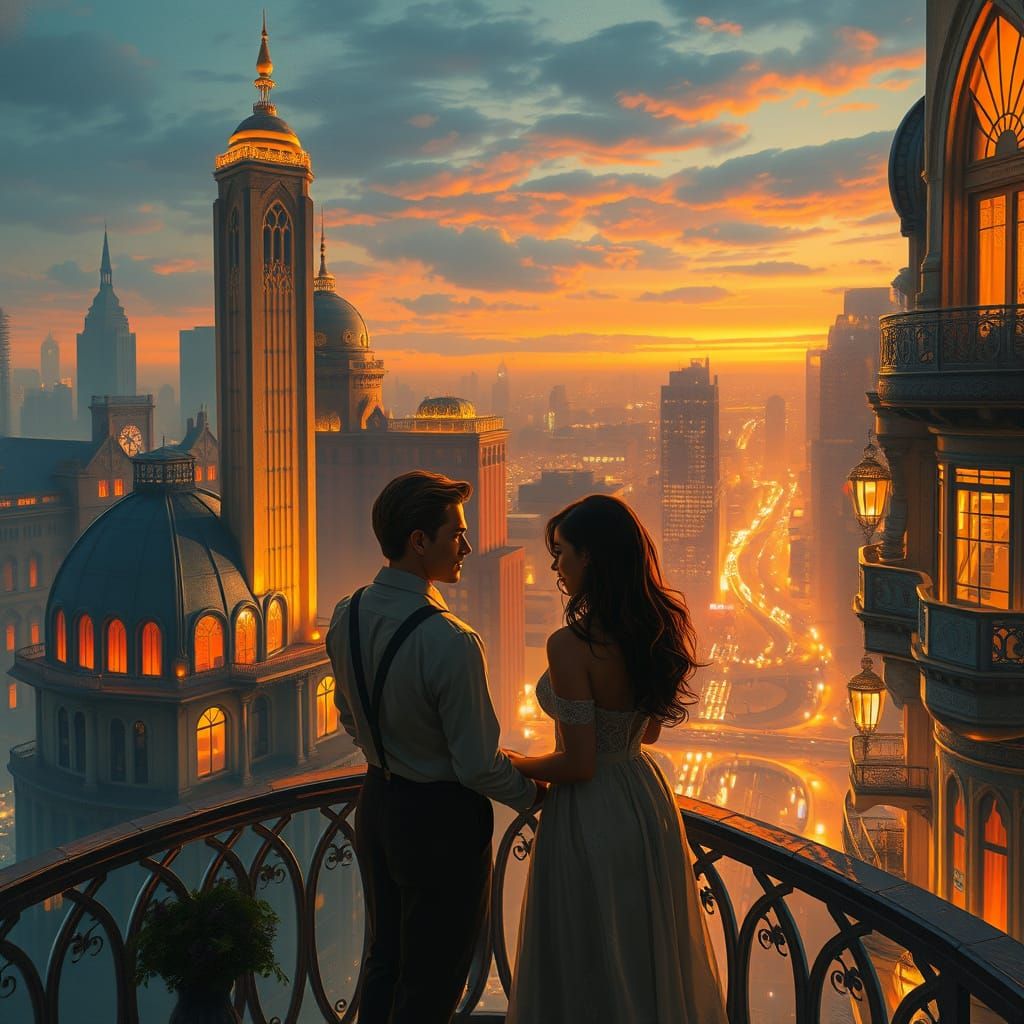 Romantic Couple on Balcony at Twilight, Art Nouveau Sci-Fi C...
