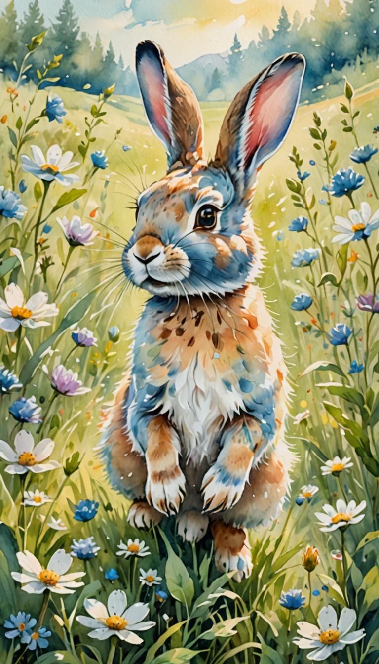Whimsical Rabbit in Watercolor Painting