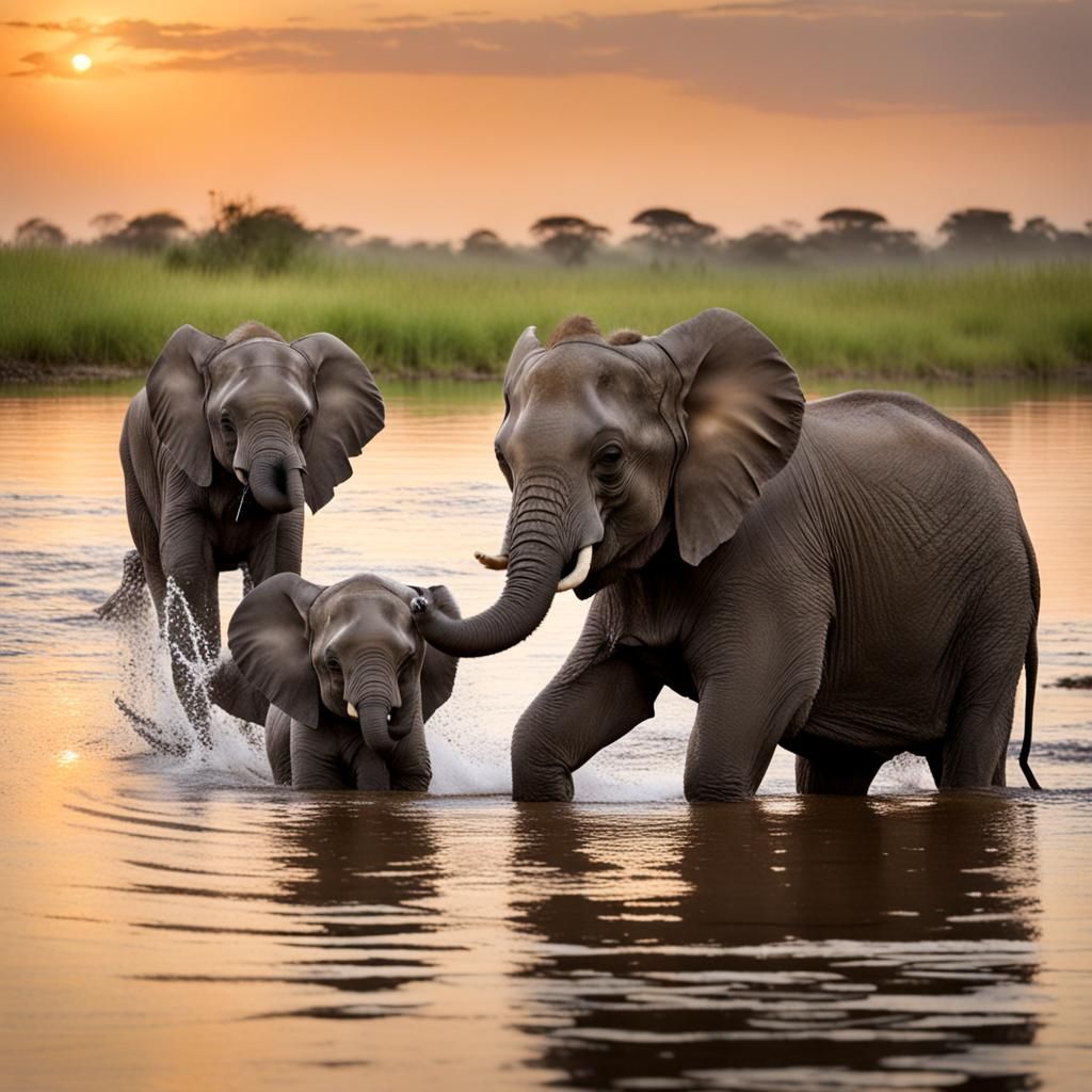 Baby Elephants Play in Lake at Dawn