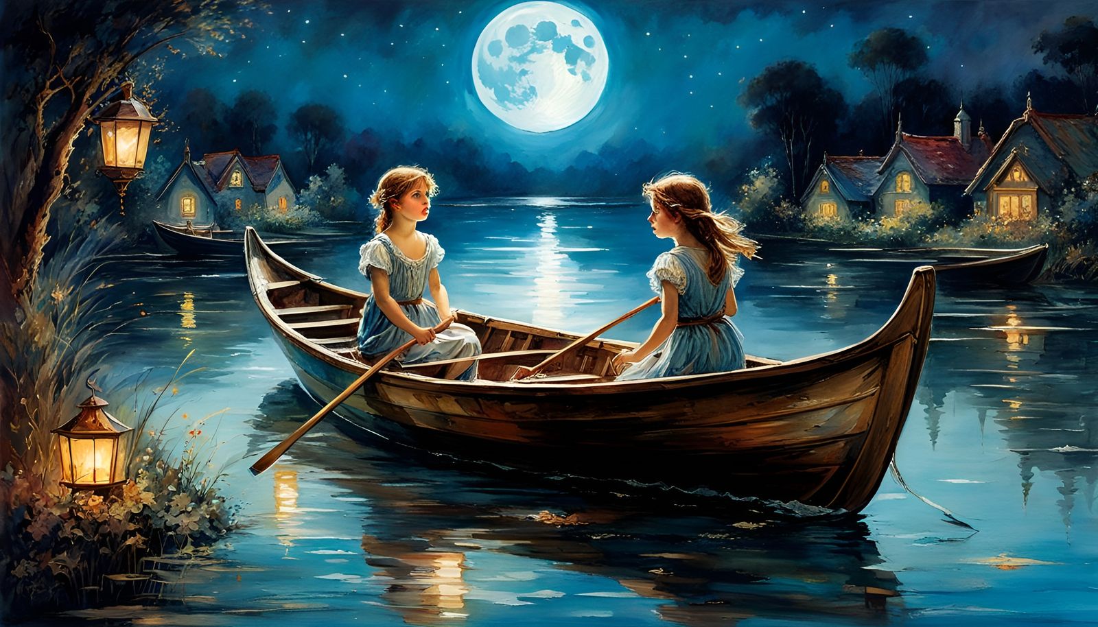 Moonlit Rowboat: A Detailed Folk Art Watercolor