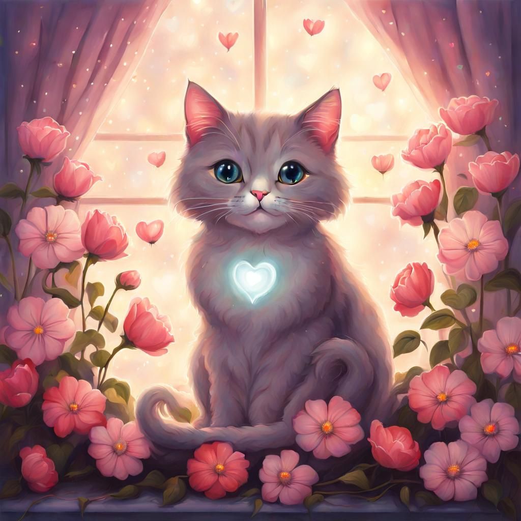 Cute Cat Surrounded by Flowers and Heart Lights