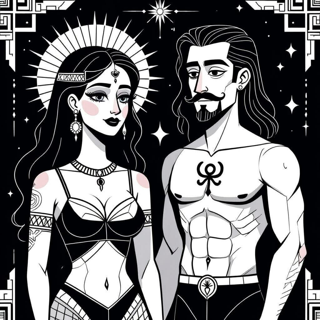 Stylized Cartoon Figures with Cubist Geometric Elements