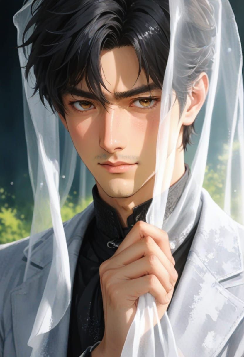 Gentle Anime Gentleman with Soft Black Hair and Sparkling Br...