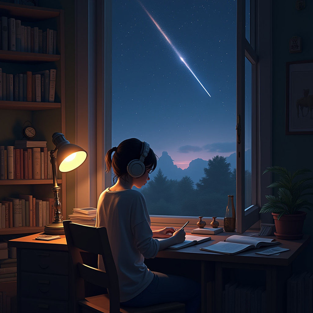 Lofi Girl Studying Under Comet Light: Matte Painting