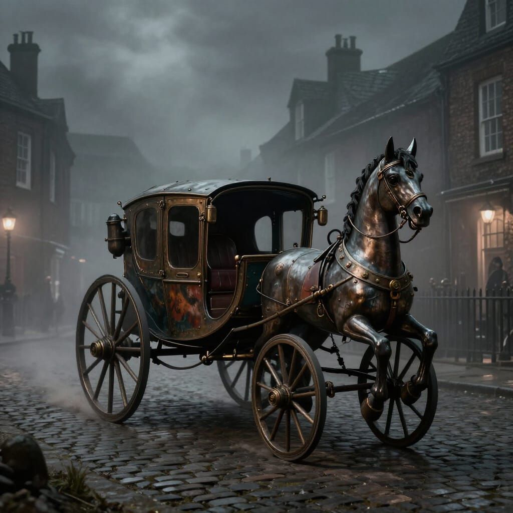 Steampunk Horse and Buggy on Foggy Victorian Night