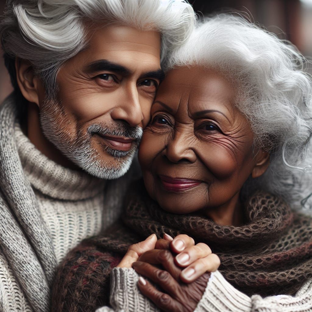 Elderly Couple Share a Loving Embrace