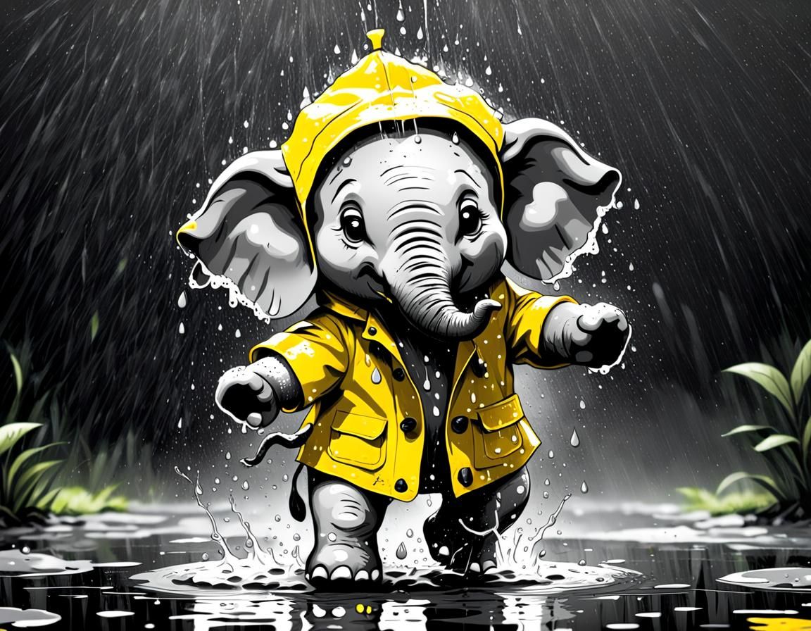 Cartoon Baby Elephant Splashing in the Rain