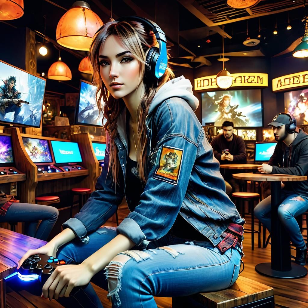 Anime Style Gamer in a Video Game Cafe