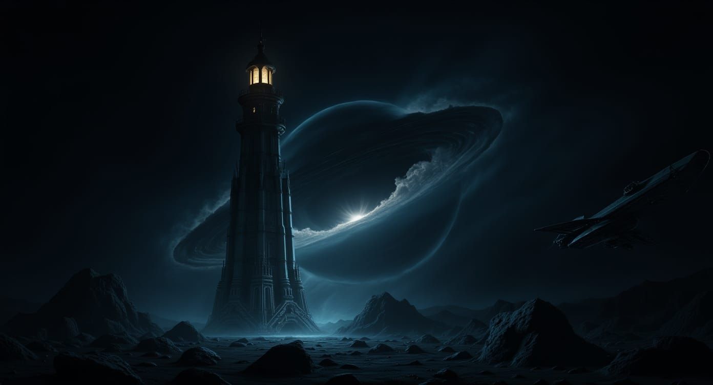 Celestial Lighthouse Amidst Asteroid Belt, Sci-Fi Art