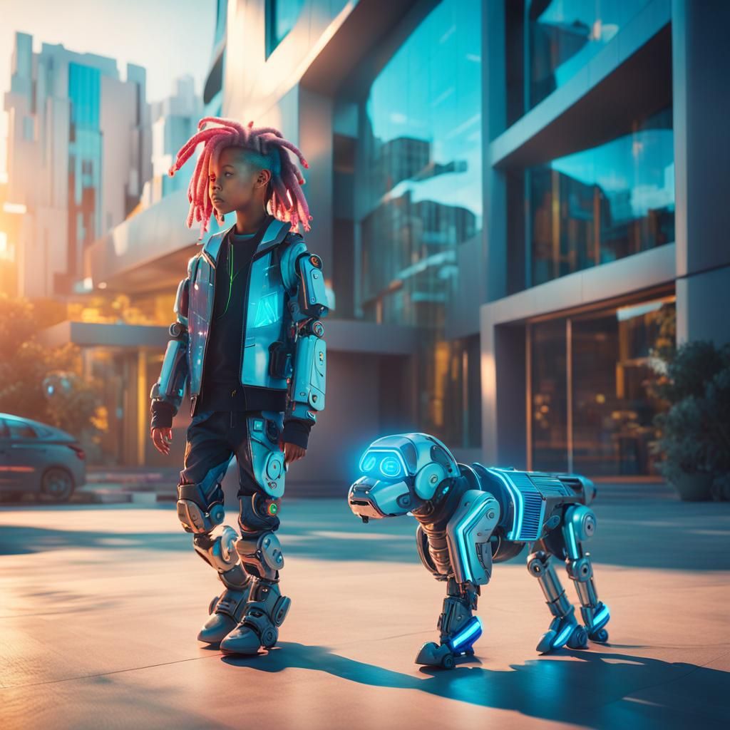 Cyberpunk Child and Robot Dog in Neon Cityscape