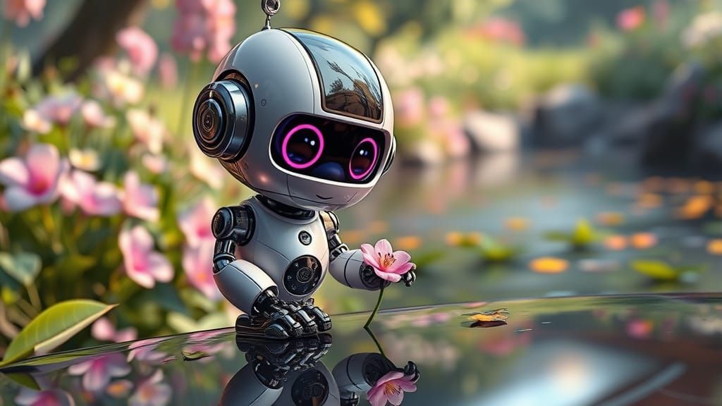 Cute Robot Touches Flower in Pixar-Style 3D Animation