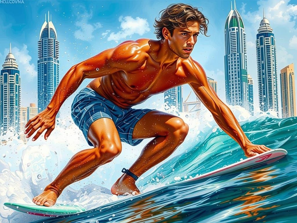 Surfer Rides Wave Near Dubai in Photorealistic Style