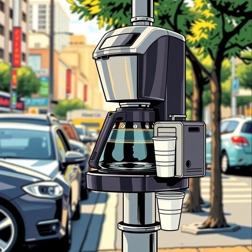 Sleek Urban Coffee Station in Comic Book Style