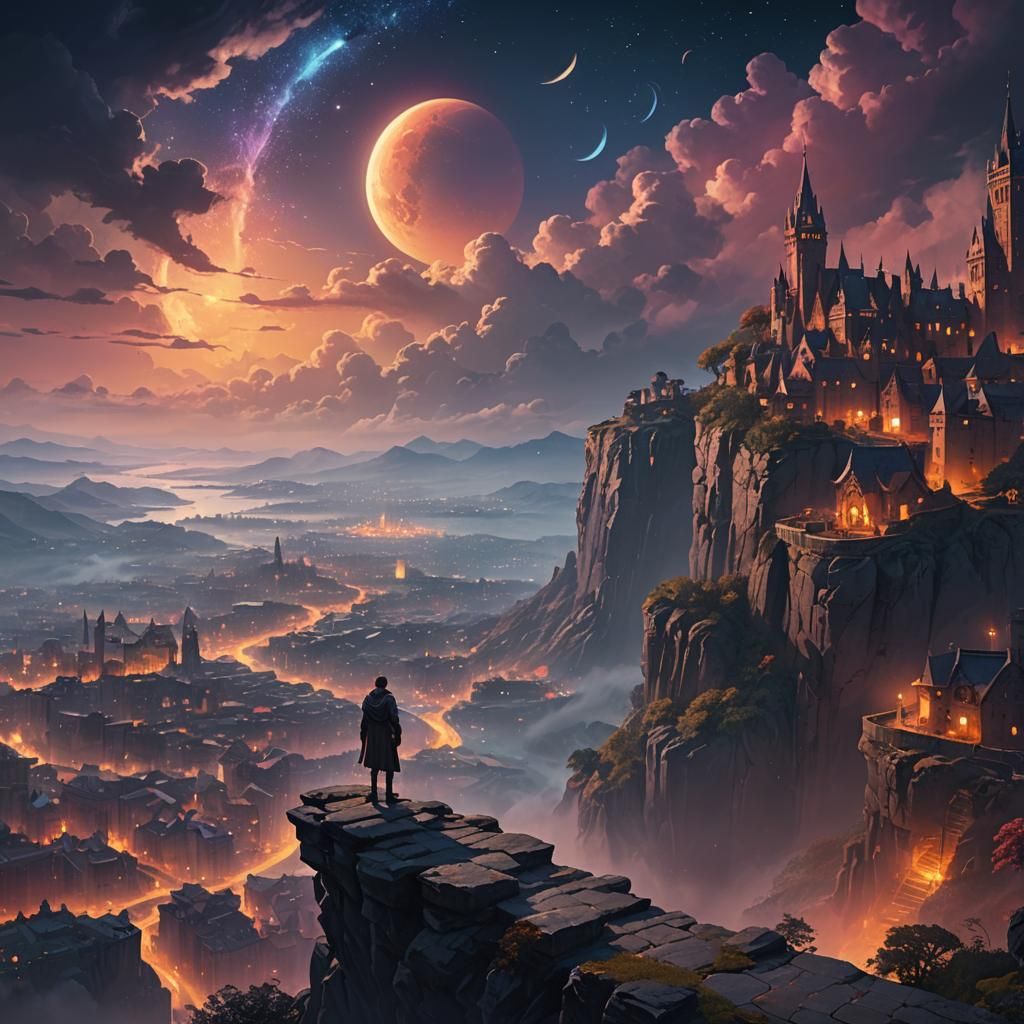 Ethereal Cityscape at Sunset in Vibrant, Triadic Colors