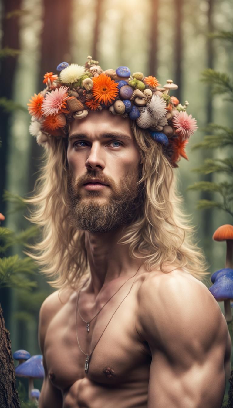 Handsome Man with Flower Crown in Forest