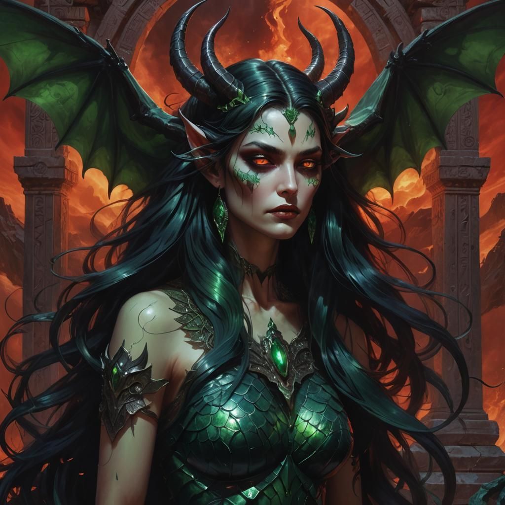Demon Woman with Emerald Scales: Hyperrealistic Splash Art