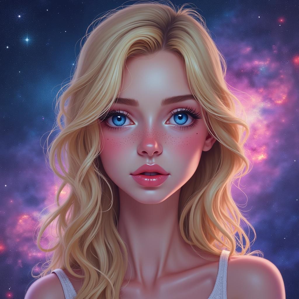 Blonde Woman in Cosmic Dreamscape, Digital Art