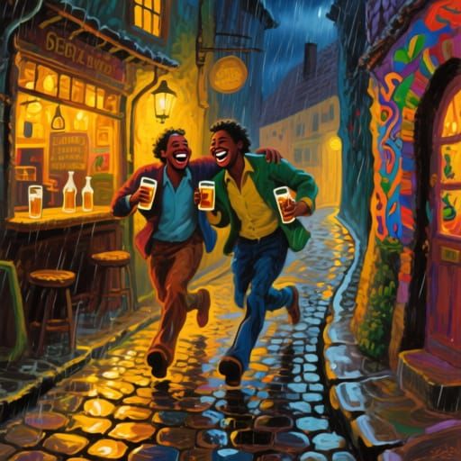 Drunks Staggering Down Rainy Alley in Golden Light