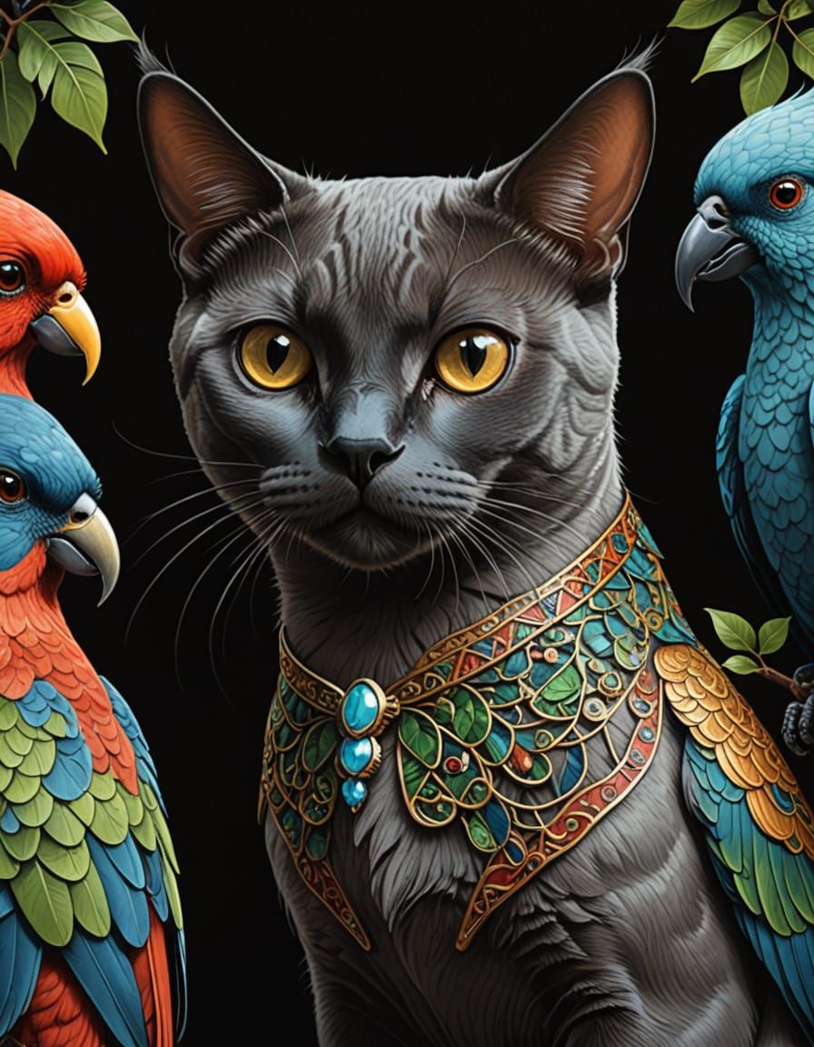 Whimsical Portrait of a Burmese Cat and Parrot in Digital Ar...