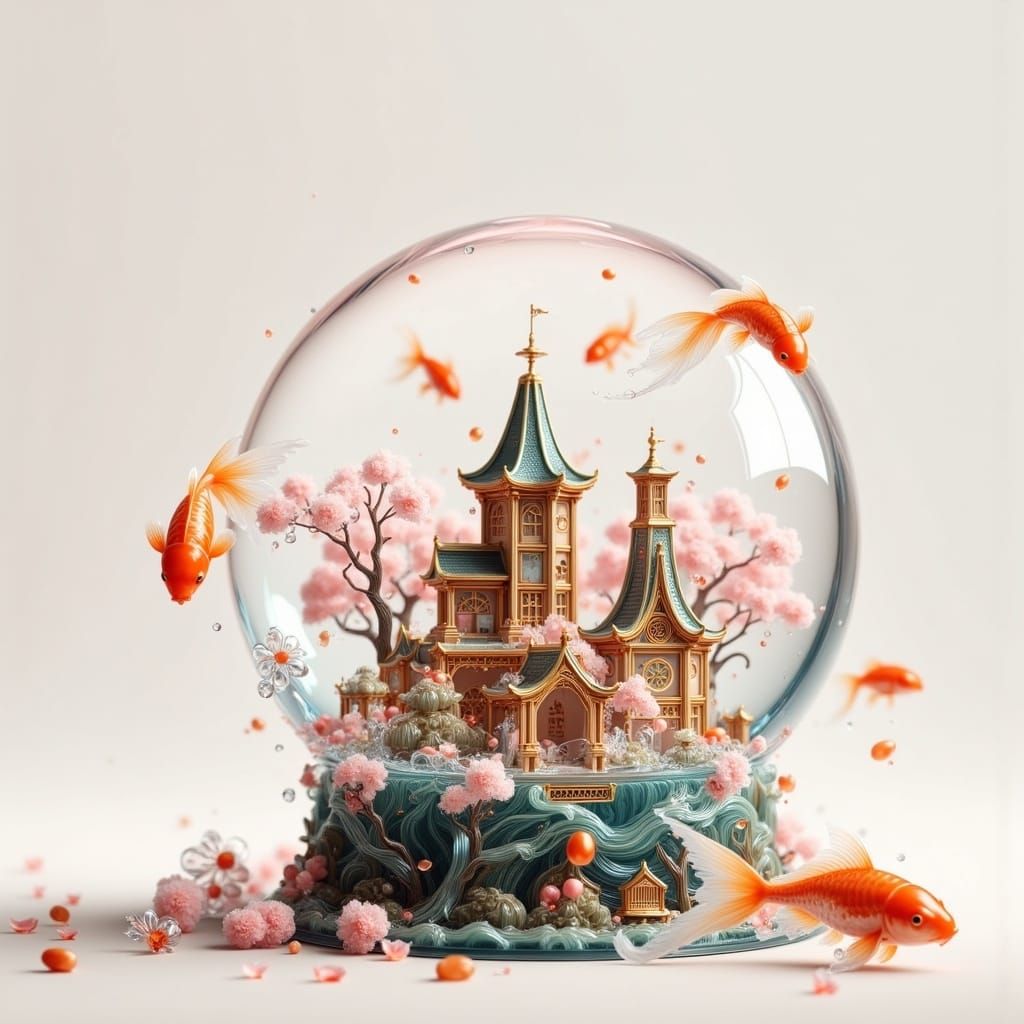 Steampunk Cherry Blossom Snowglobe with Koi Fish