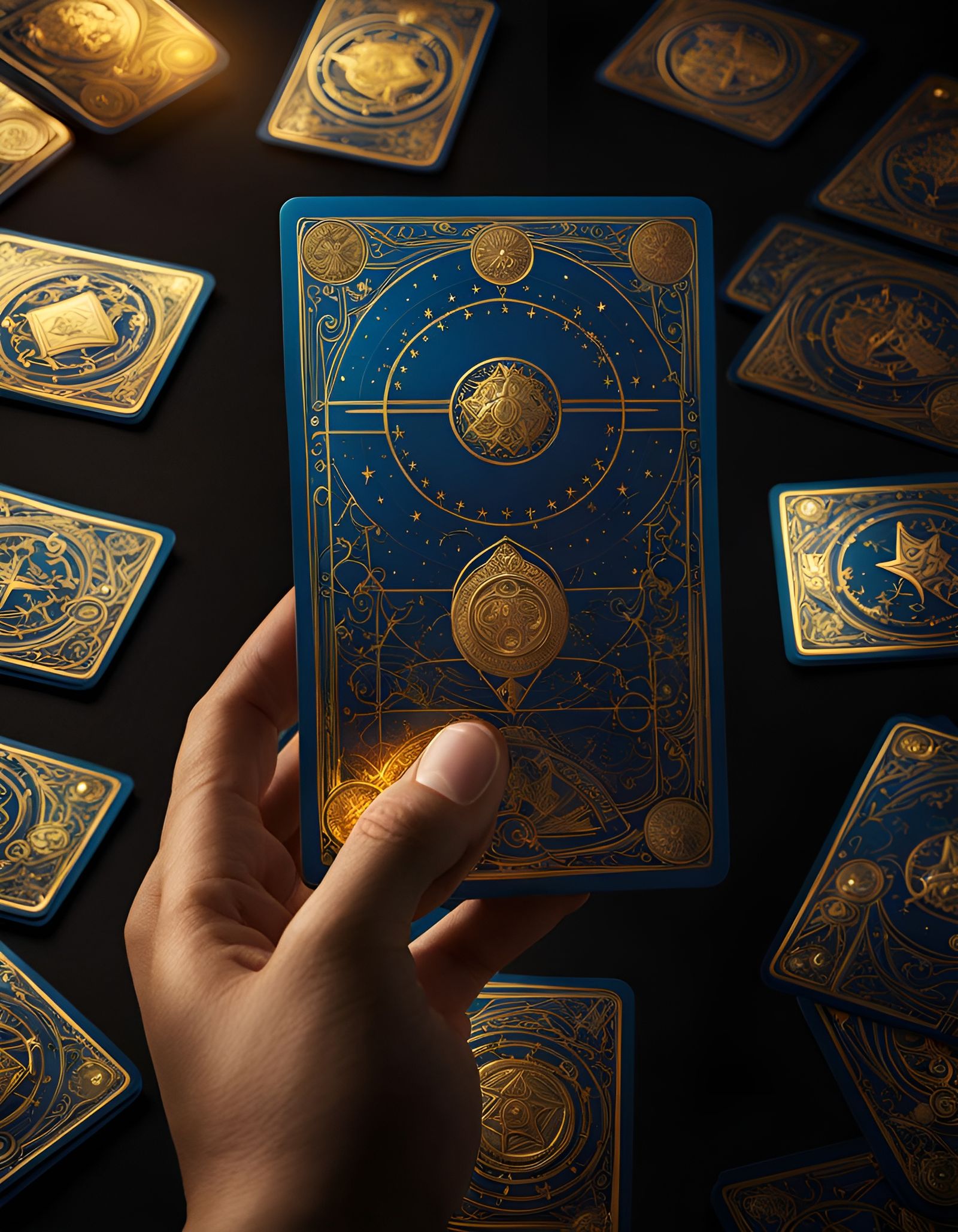 Hand Holding Embossed Tarot Cards with Magic Symbols