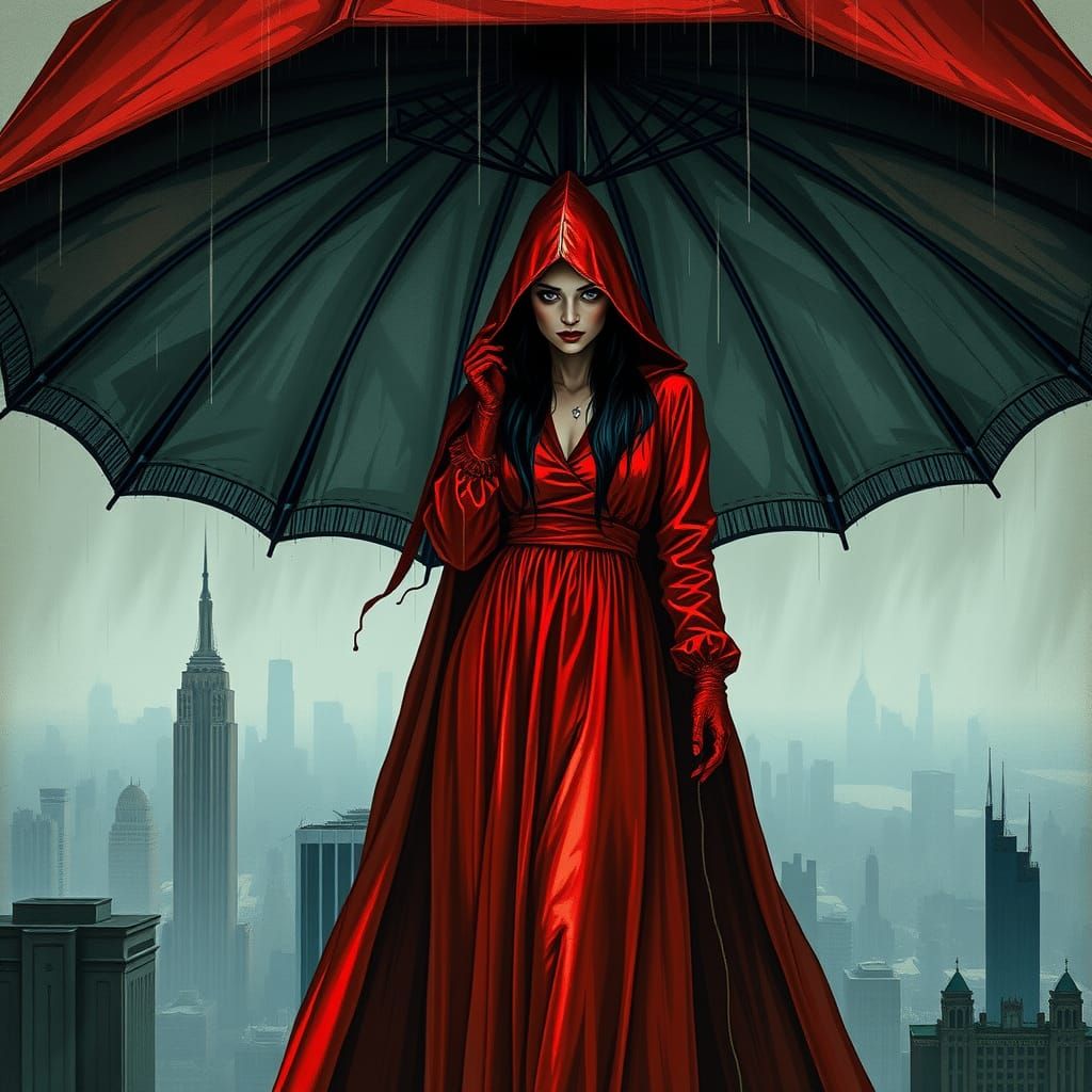 Eerie Woman with Umbrella Over Dark Cityscape