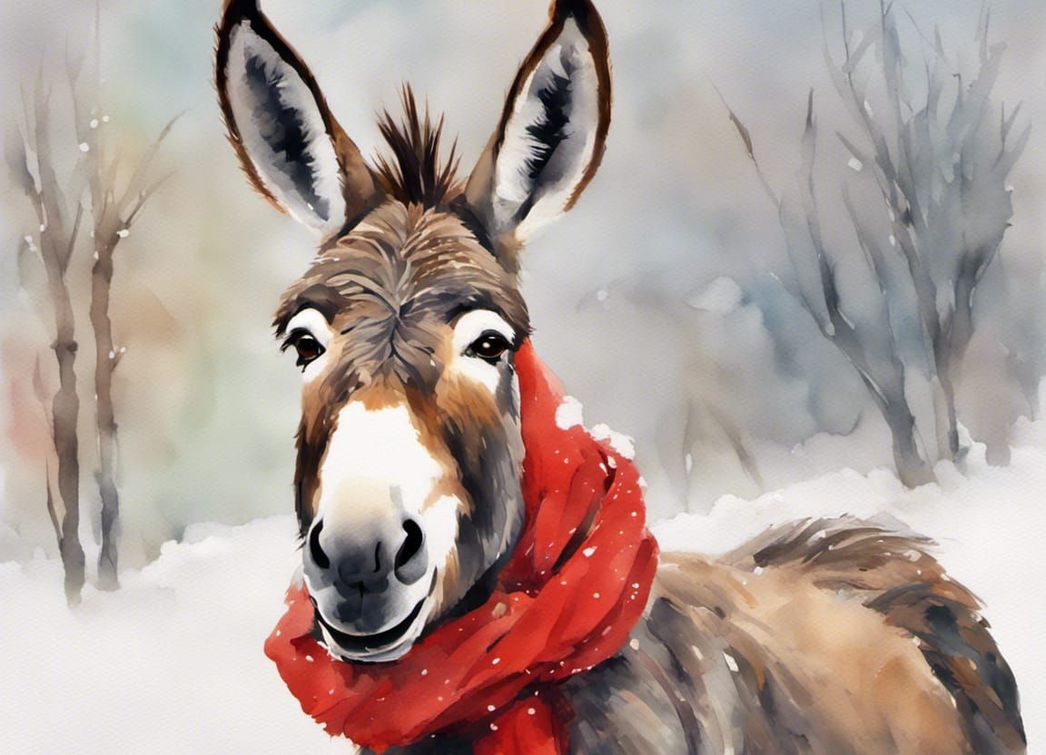 Donkey Portrait with Robin in Watercolor Gouache