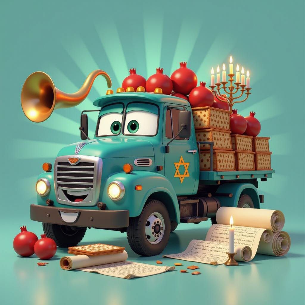 Festive Truck with Jewish Holiday Symbols in 3D Style