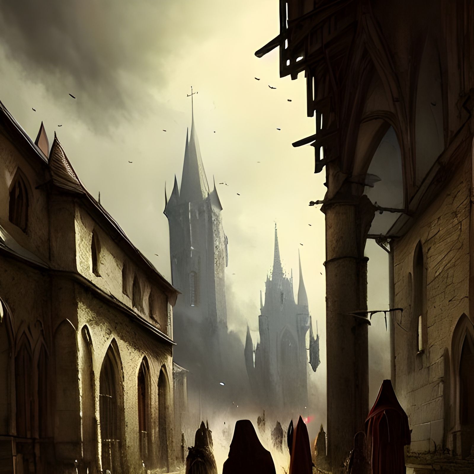 Sinister Medieval Town Street with Gothic Church