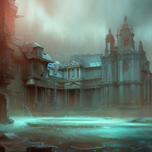 Surreal Pocket Watch Embedded in Victorian House