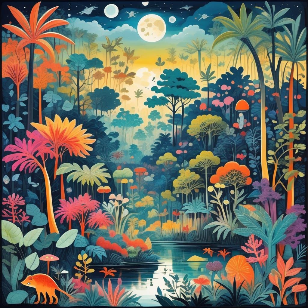 Dreamlike Jungle Landscape in Naive Style Under Full Moon