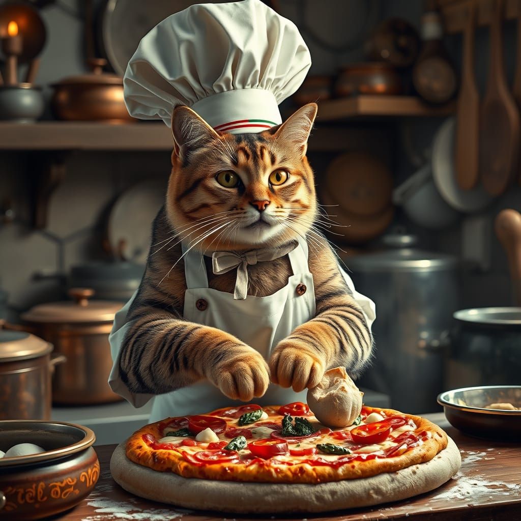 Realistic Cat Chef Creates Italian Pizza Masterpiece