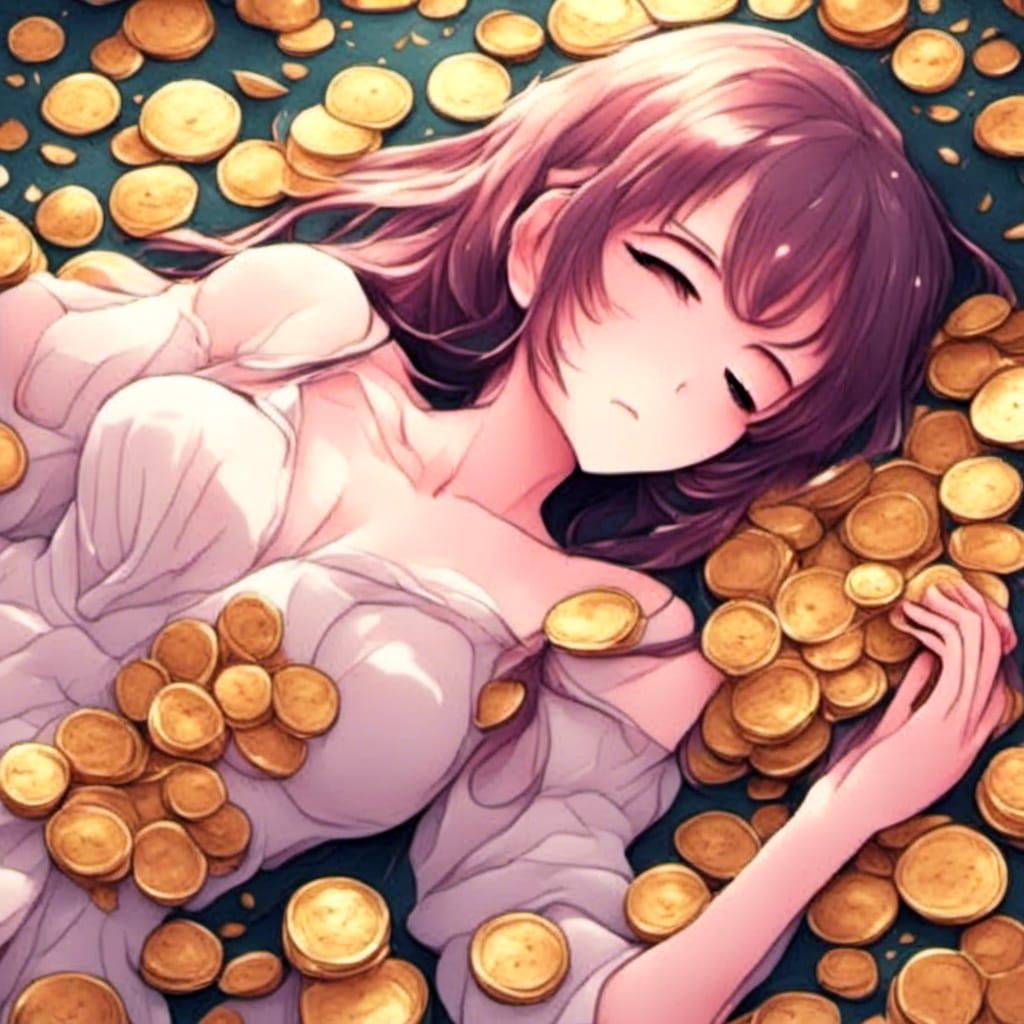 Anime Princess of Autumn Asleep on Gold Coins