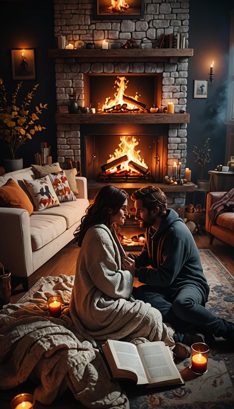 Passionate Dance in Flames: Cozy Living Room Scene