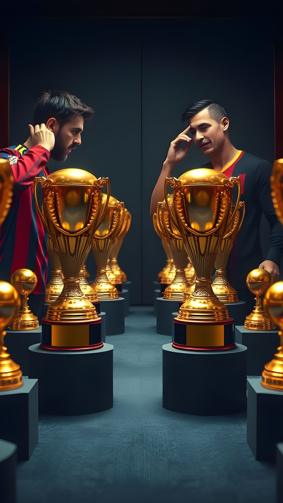 Messi and Ronaldo Discover Golden Trophies