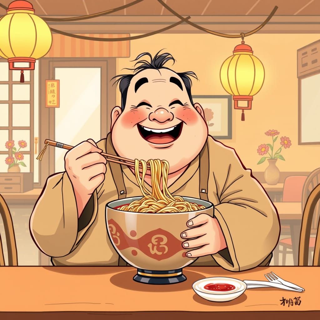 Happy Man Eating Noodles, Cartoon Style